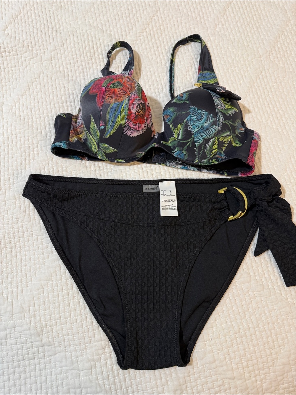 Promise Black Floral Underwire Bikini Set - Black with Multicolor Floral Accents